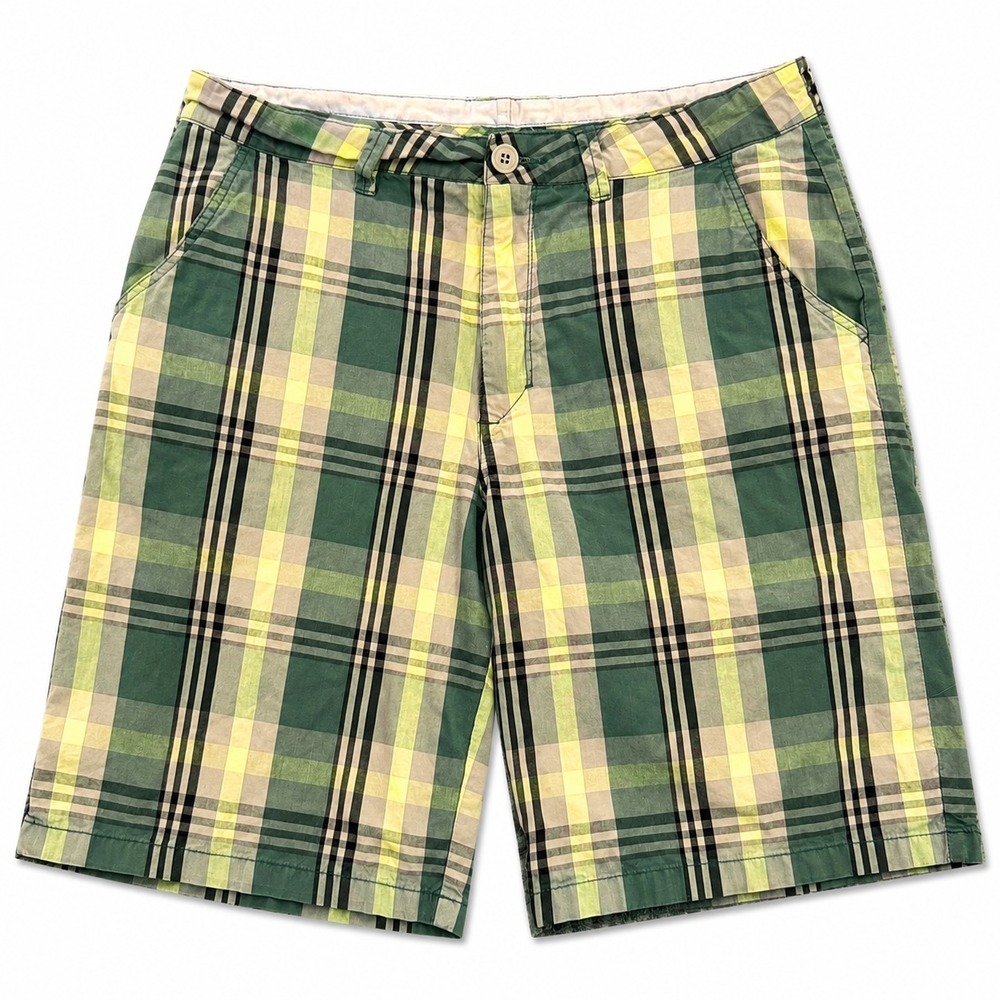 Quiksilver Plaid Shorts Mens 34 Green Gray Yellow Cotton Flat Front Casual Chino